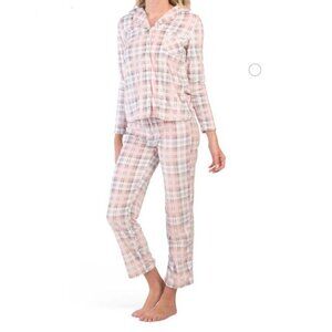 TAHARI Packaged Velour Plaid Notch Neck Lounge Set Pink Multi | L